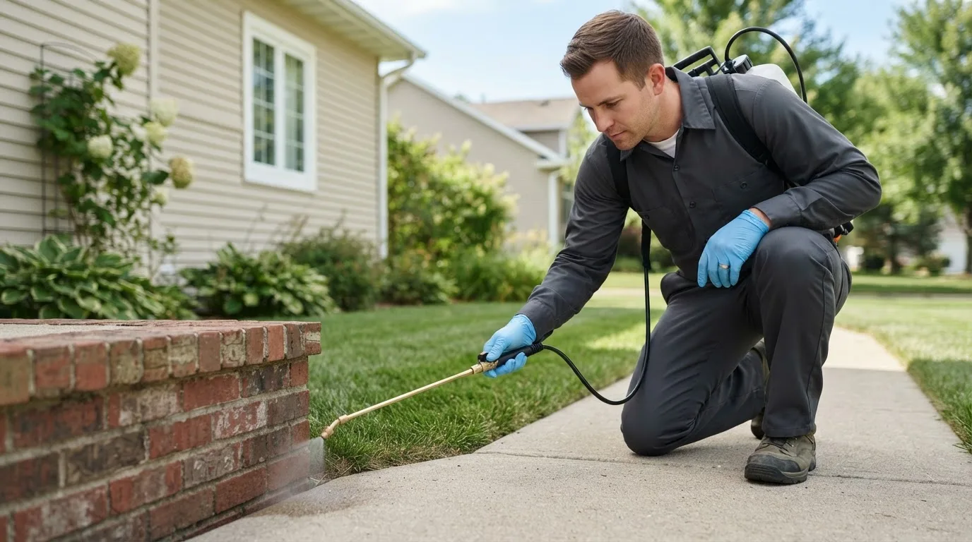Pest control technician treating a home near Lattimore, NC